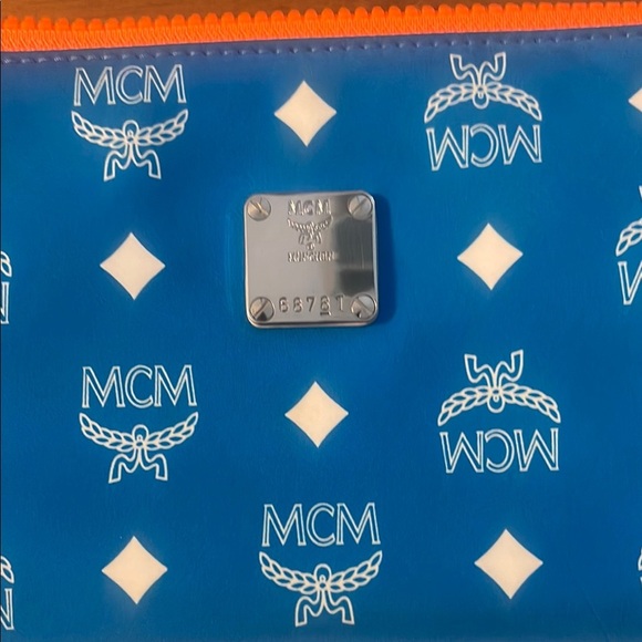 MCM Blue and White Pouch with Orange Strap - Picture 2 of 7